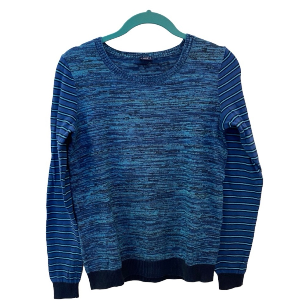 GAP blue space dye sweater with striped sleeves navy trim cotton size small